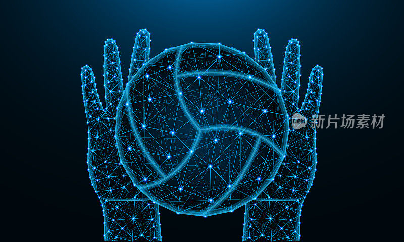 Hands and ball for playing volleyball low poly design, sports game in polygonal style, catch or throw the ball wireframe vector illustration made from points and lines on dark blue background